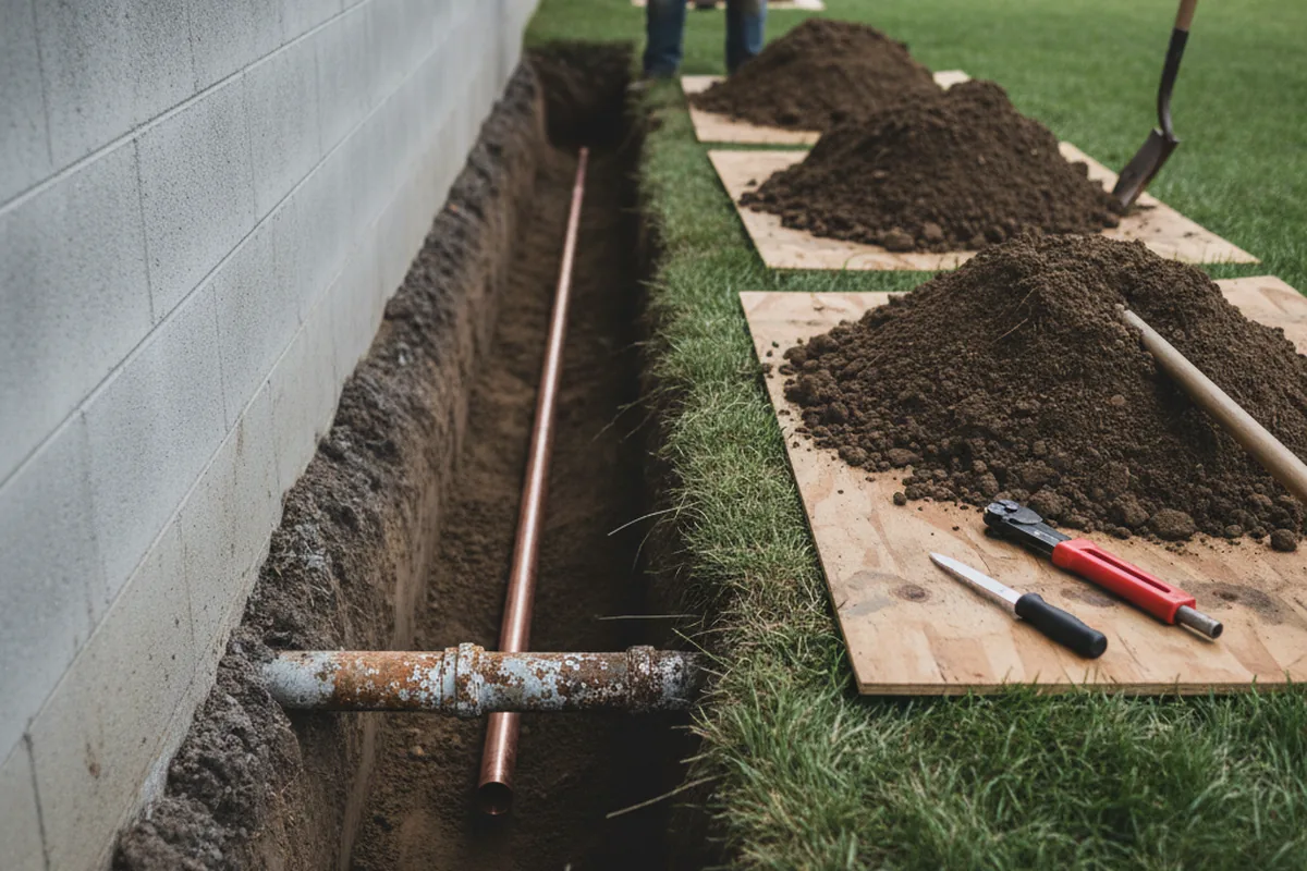Excavated water line trench during Sewer Line Repair in Burnett